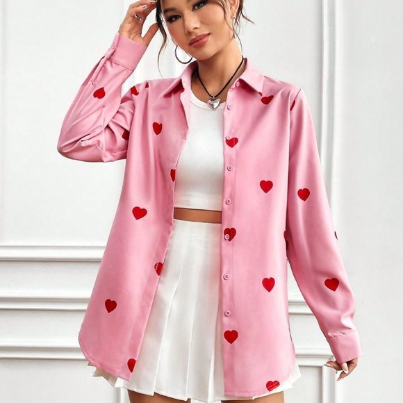 Pink Casual Womens Heart Pattern Long Sleeve Shirt - Picture 1 of 5